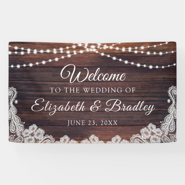 Rustic Wood String Lights Lace Wedding Banner (Horizontal)