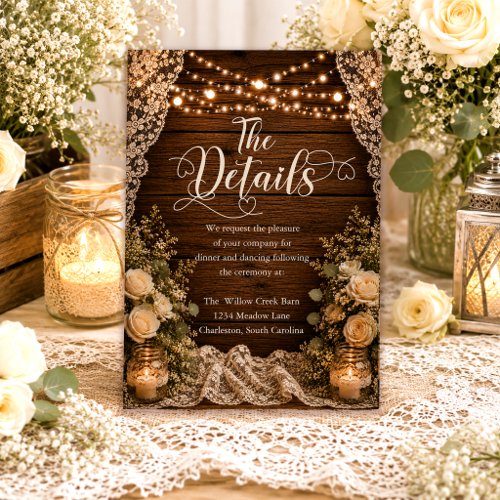 Rustic Wood String Lights Lace Wedding Details Enclosure Card