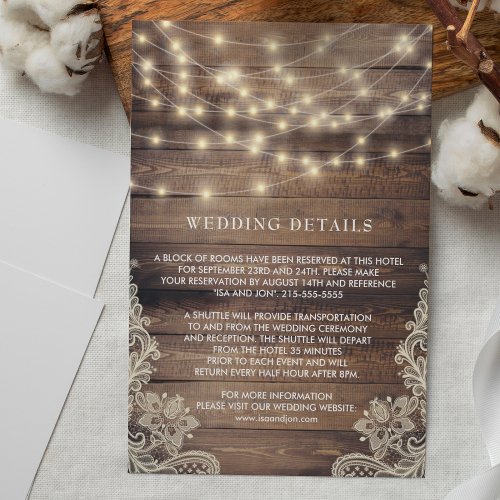 Rustic Wood  String Lights  Lace Wedding Details Enclosure Card