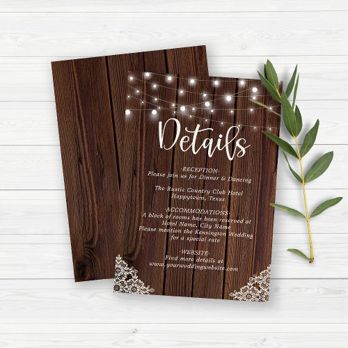 Rustic Wood String Lights Lace Wedding Details Enclosure Card