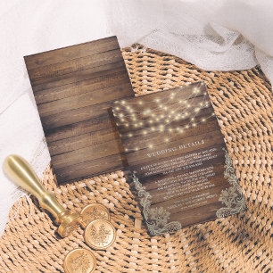 Rustic Wood & String Lights Lace Wedding Details Enclosure Card