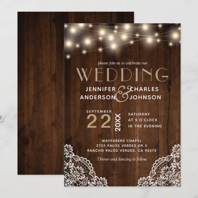 Rustic Wood String Lights Lace Wedding Invitation | Zazzle