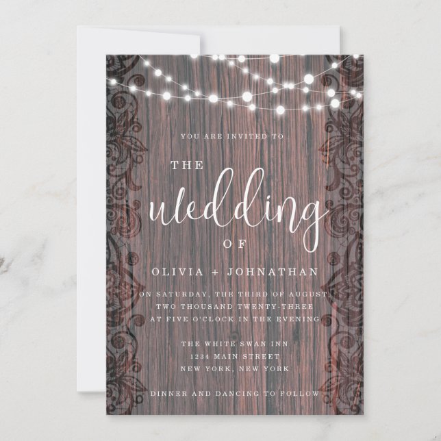 Rustic Wood String Lights Lace Wedding Invitation (Front)