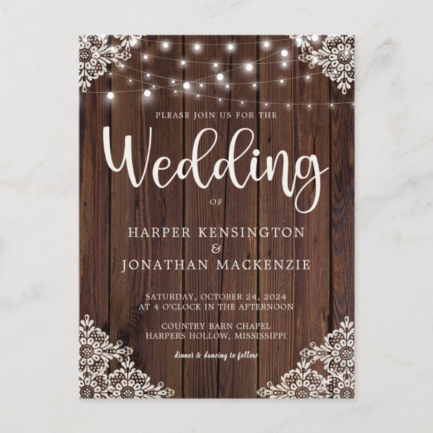 Personalized Rustic Wood Lace String Lights Lace Wedding Invitations 