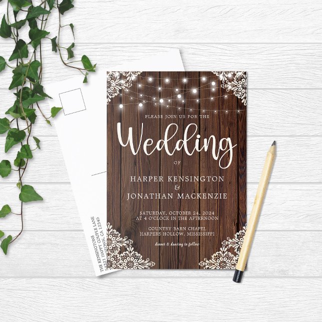 Rustic Wood String Lights Lace Wedding Invitation Postcard (Creator Uploaded)