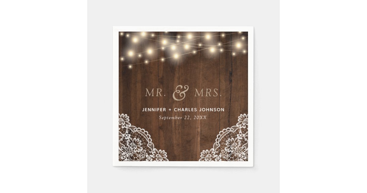 Rustic Wood String Lights Lace | Wedding Napkin | Zazzle
