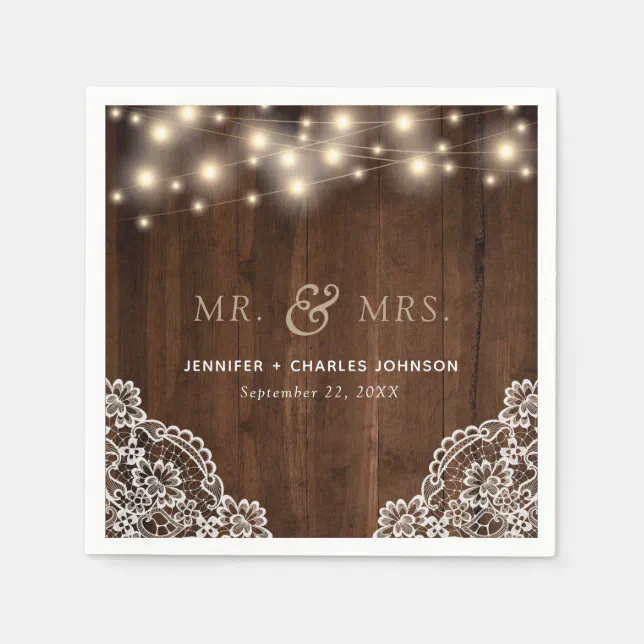 Rustic Wood String Lights Lace | Wedding Napkin | Zazzle
