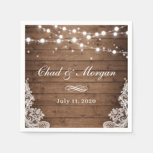 Rustic Wood String Lights Lace Wedding Napkins (Front)