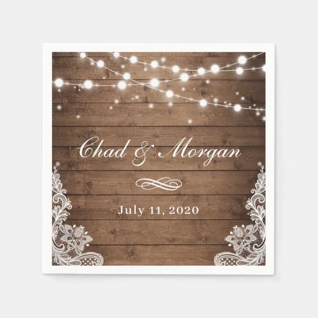 Rustic Wood String Lights Lace Wedding Napkins | Zazzle