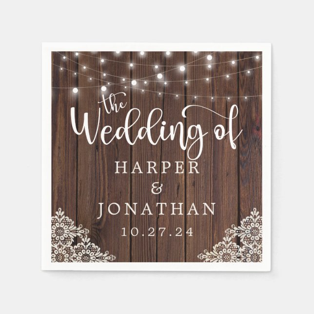 Rustic Wood String Lights Lace Wedding Napkins (Front)