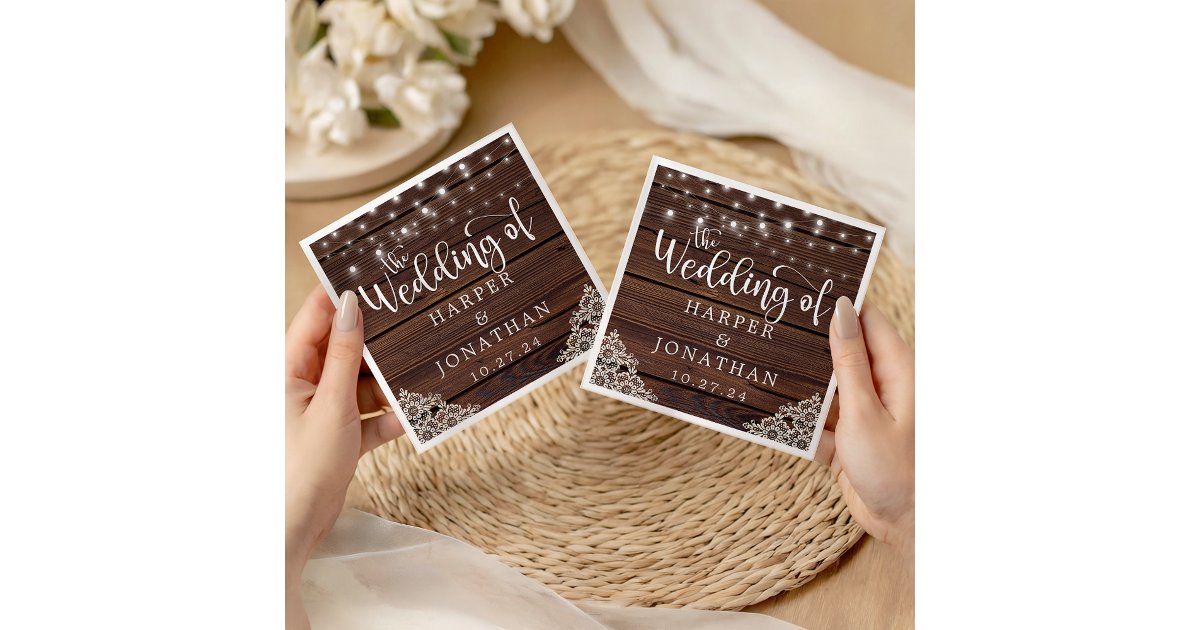 Rustic Wood String Lights Lace Wedding Napkins | Zazzle
