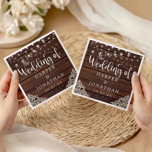 Rustic Wood String Lights Lace Wedding Napkins | Zazzle