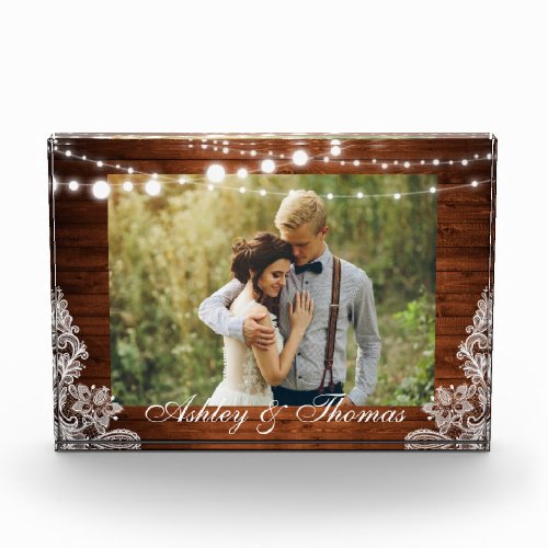 Rustic Wood String Lights Lace Wedding Photo Block