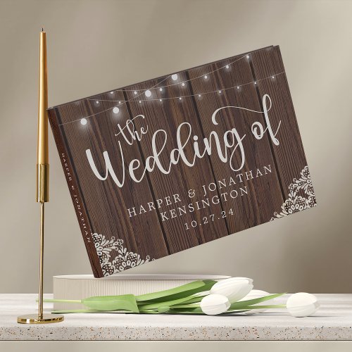Rustic Wood String Lights Lace Wedding Photo Guest Book