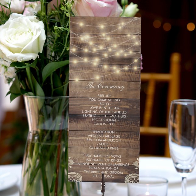 Rustic Wood & String Lights | Lace Wedding Program (Rustic Wood & String Lights | Lace Wedding Program)