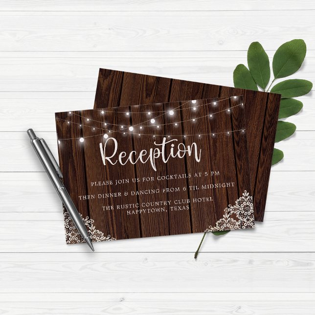 Rustic Wood String Lights Lace Wedding Reception Enclosure Card (Creator Uploaded)