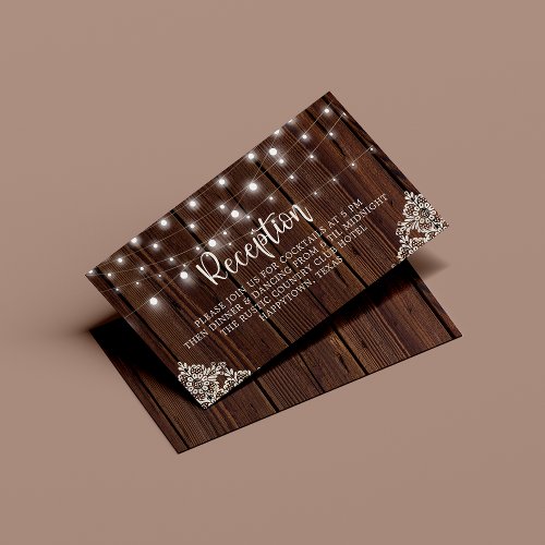 Rustic Wood String Lights Lace Wedding Reception Enclosure Card