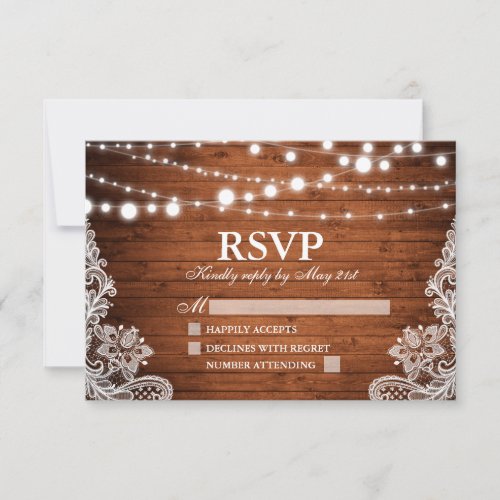 Rustic Wood String Lights Lace Wedding RSVP Card