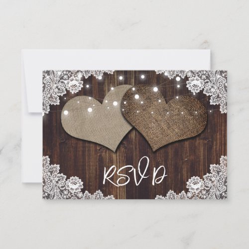 Rustic Wood String Lights Lace Wedding RSVP Card
