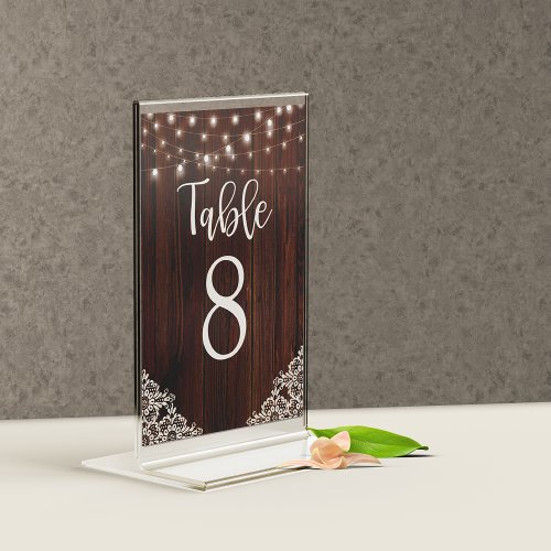 Rustic Wood String Lights Lace Wedding Table Number