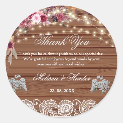 Rustic Wood String Lights Lace Wedding Thank You Classic Round Sticker