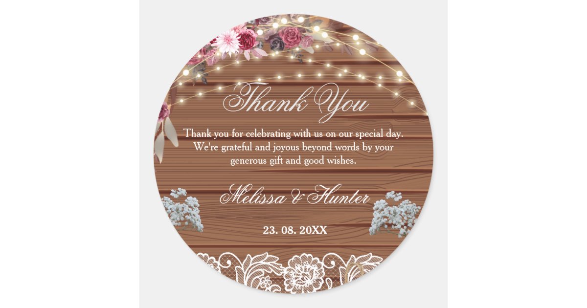 Rustic Wood String Lights Lace Wedding Thank You Classic Round Sticker ...
