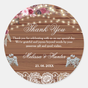 Rustic Wood String Lights Lace Wedding Thank You Classic Round Sticker