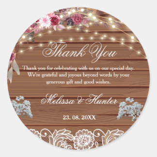 Rustic Wood String Lights Lace Wedding Thank You Classic Round Sticker