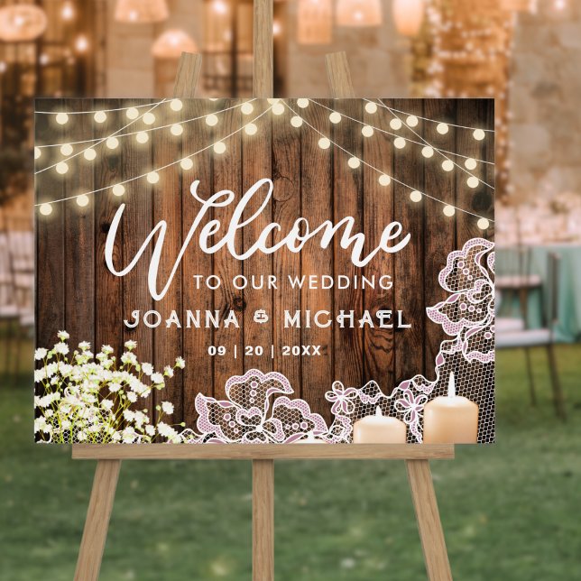 Rustic Wood String Lights & Lace Wedding Welcome Foam Board (Creator Uploaded)