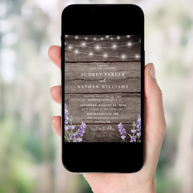 Rustic Wood String Lights Lavender Wedding Invitation (Front Digital)