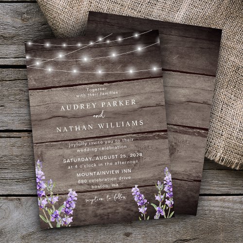 Rustic Wood String Lights Lavender Wedding Invitation