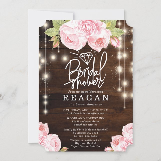 Rustic Wood String Lights Lettering Bridal Shower Invitation (Front)