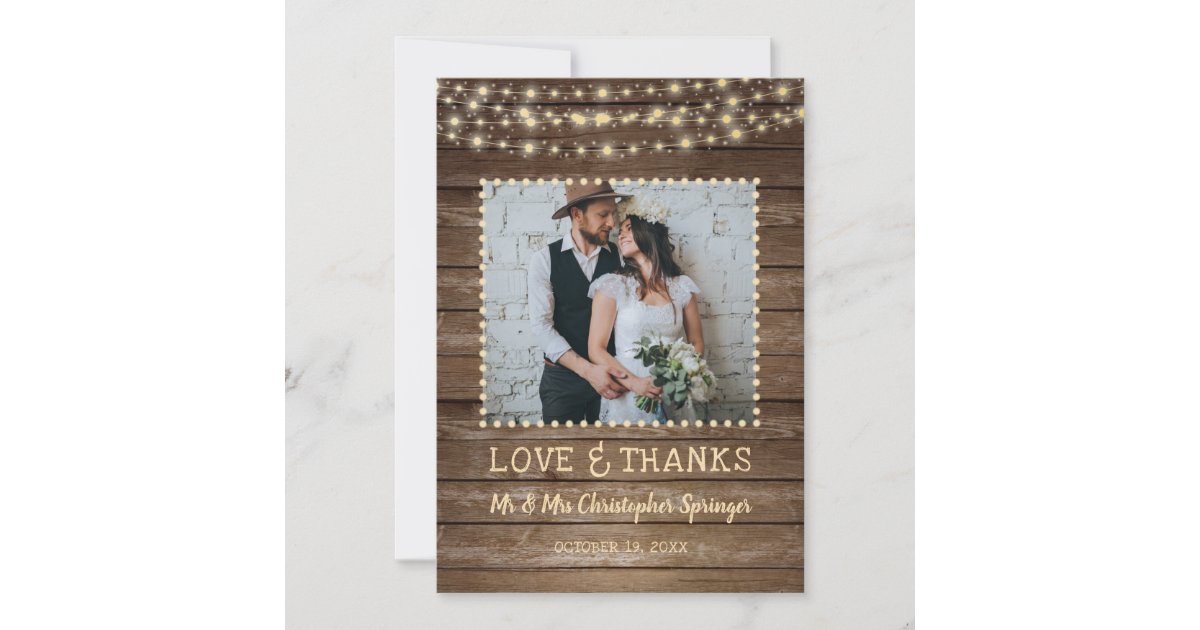 Rustic Wood String Lights Love & Thanks Wedding Thank You Card | Zazzle