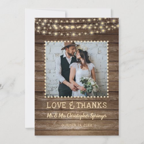 Rustic Wood String Lights Love  Thanks Wedding Thank You Card
