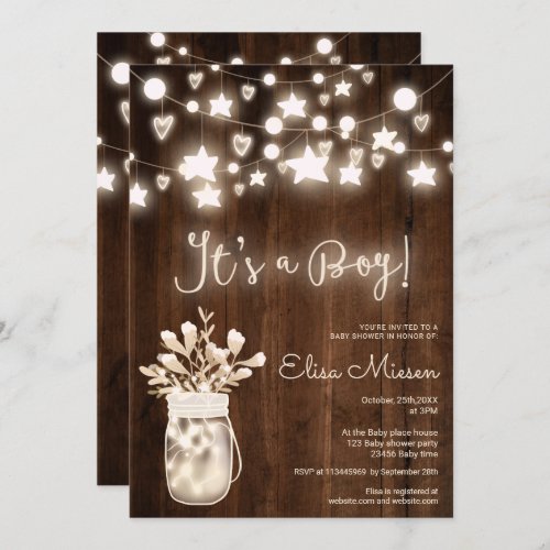 Rustic wood string lights mason boy baby shower  invitation