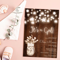 Rustic wood string lights mason girl baby shower invitation