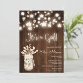 Rustic wood string lights mason girl baby shower invitation (Standing Front)