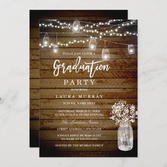 Rustic Wood String Lights Mason Graduation Party Invitation (Front/Back)