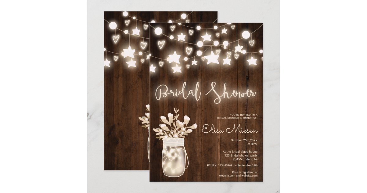 Rustic wood string lights mason jar bridal shower invitation | Zazzle