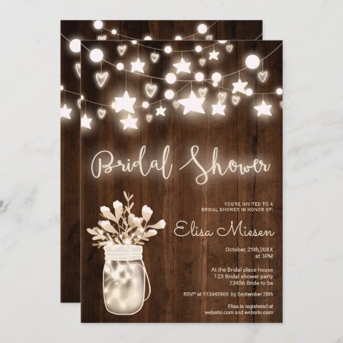 Rustic wood string lights mason jar bridal shower invitation