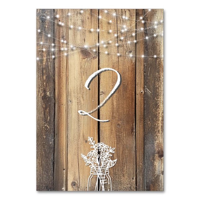 Rustic Wood String Lights Mason Jar Elegant Favors Table Number (Front)