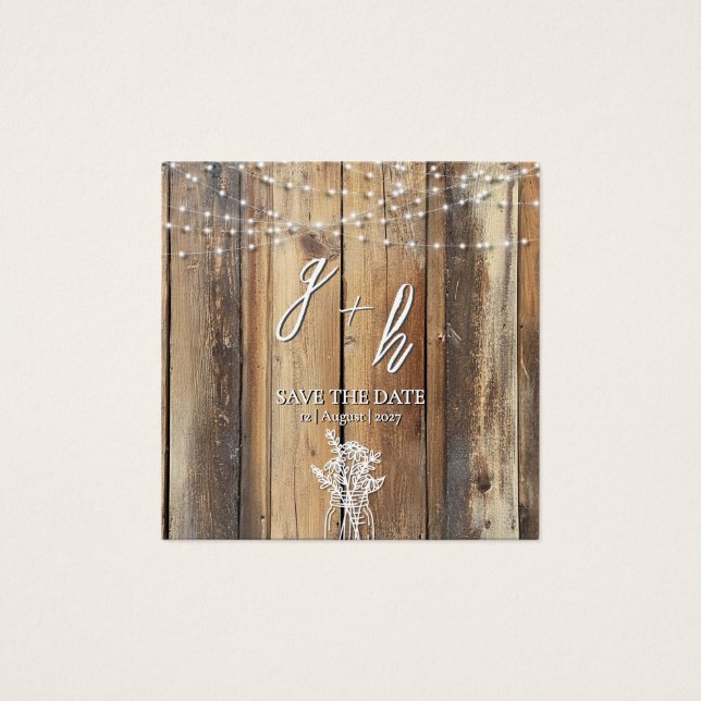 Rustic Wood String Lights Mason Jar Save the Dates (Front)