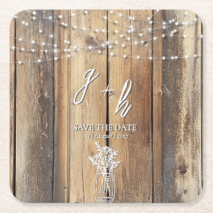 Rustic Wood String Lights Mason Jar Save the Dates Square Paper Coaster