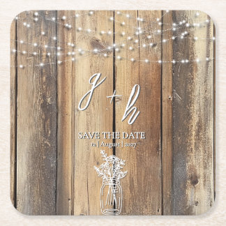 Rustic Wood String Lights Mason Jar Save the Dates Square Paper Coaster