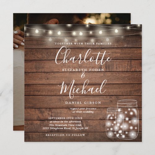Rustic Wood String Lights Mason Jar Wedding Photo Invitation