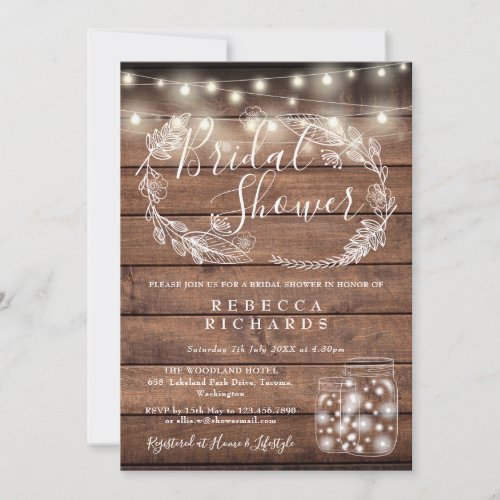 Rustic Wood String Lights Mason Jars Bridal Shower Invitation