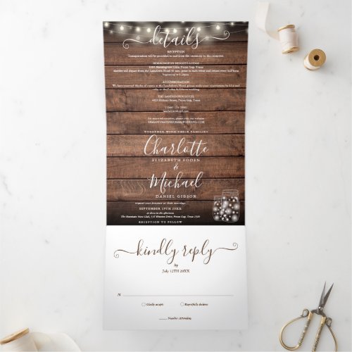 Rustic Wood String Lights Mason Jars Photo Wedding Tri_Fold Invitation