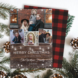 Rustic Wood String Lights Mason Jars Plaid Holiday Card