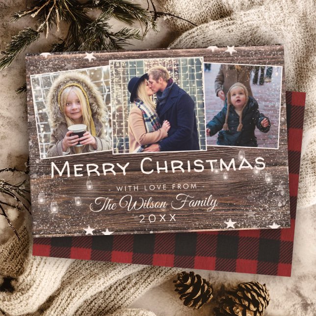 Rustic Wood String Lights Mason Jars Plaid Holiday Card (Creator Uploaded)