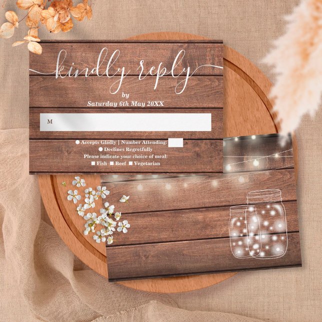Rustic Wood String Lights Mason Jars RSVP Card (Creator Uploaded)